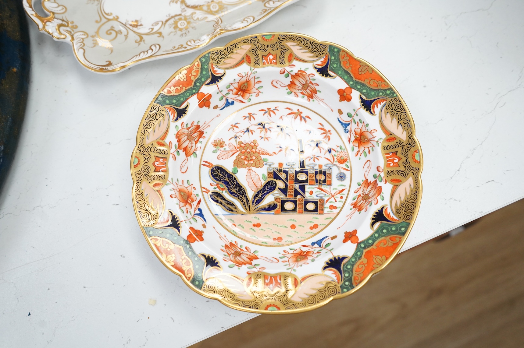 A pair of Spode 967 pattern Imari dishes and pair of Ridgway floral dessert dishes, largest 27cm wide